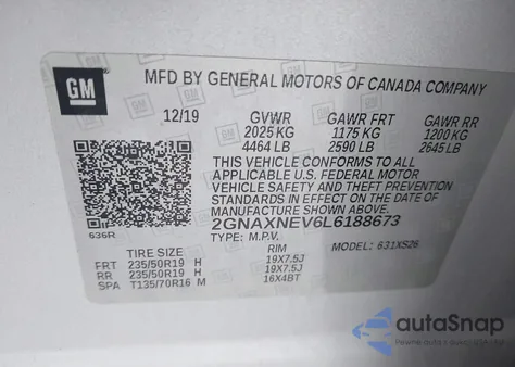 2020 Chevrolet Equinox Fwd Premier 1.5L Turbo z USA, uszkodzony, nr VIN 2GNAXNEV6L6188673